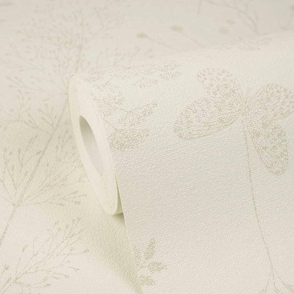 AS Creation Cosiness 792831 beige wallpaper roll with brown botanical motifs, shown close up on a matching unrolled sheet.