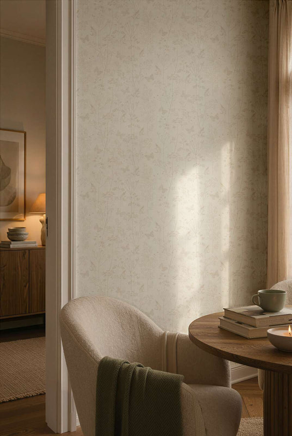 AS Creation Cosiness 792831 dining room with Beige and Brown wallpaper featuring delicate botanical silhouettes; a round wooden table and an upholstered chair are visible.