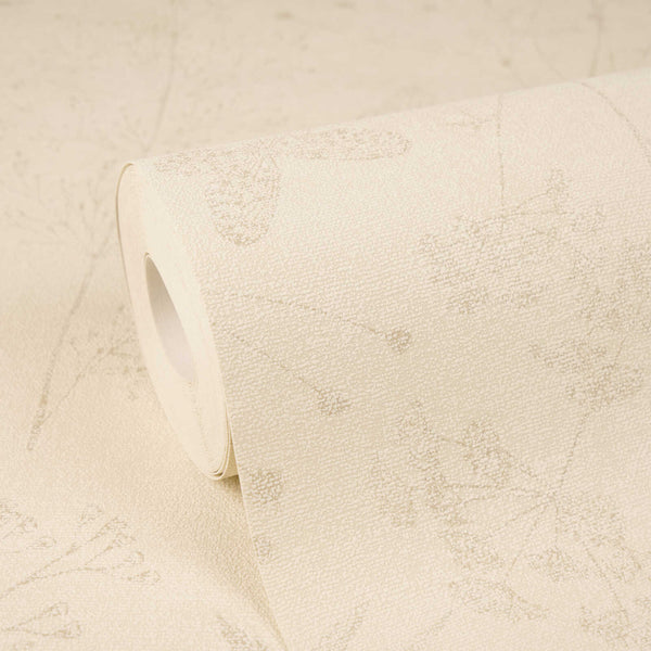 AS Creation Cosiness 792832 close up of a wallpaper roll with a subtle botanical sprig pattern in Beige, Brown.