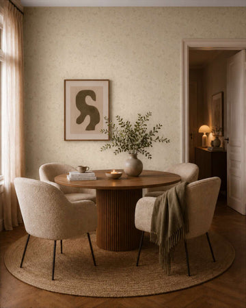 AS Creation Cosiness 792832 dining room with Beige and Brown wallpaper and a round table with upholstered chairs.