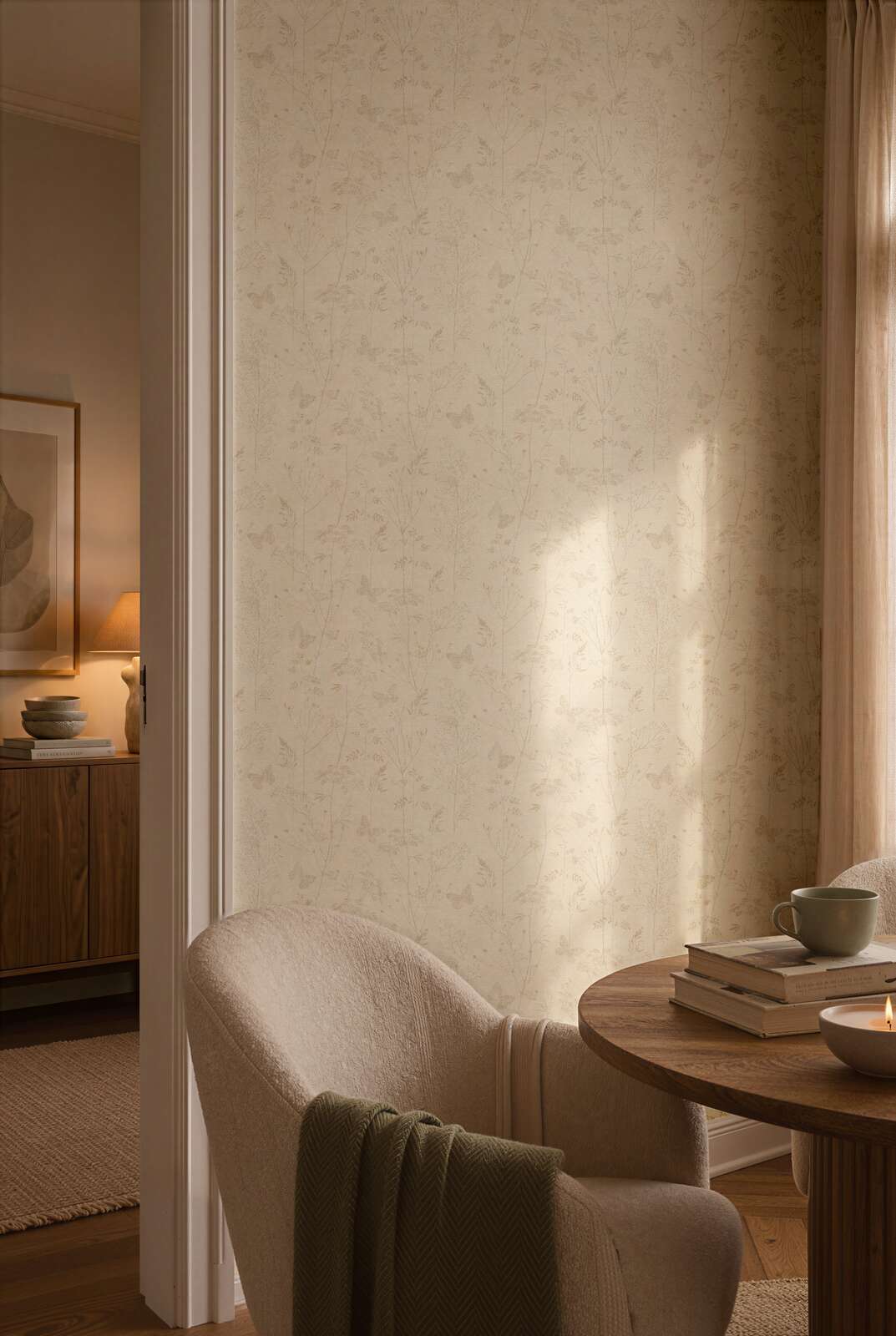 AS Creation Cosiness 792832 beige, Brown wallpaper in a living room with a round table and an upholstered armchair.