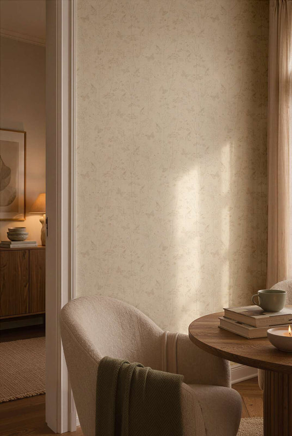 AS Creation Cosiness 792832 beige, Brown wallpaper in a living room with a round table and an upholstered armchair.