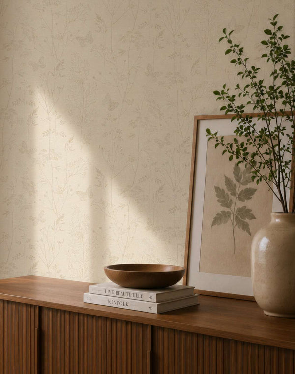 AS Creation Cosiness 792832 styled detail of Beige, Brown botanical wallpaper with delicate grasses and butterfly outlines behind a wooden sideboard with a ceramic vase and a framed leaf print.