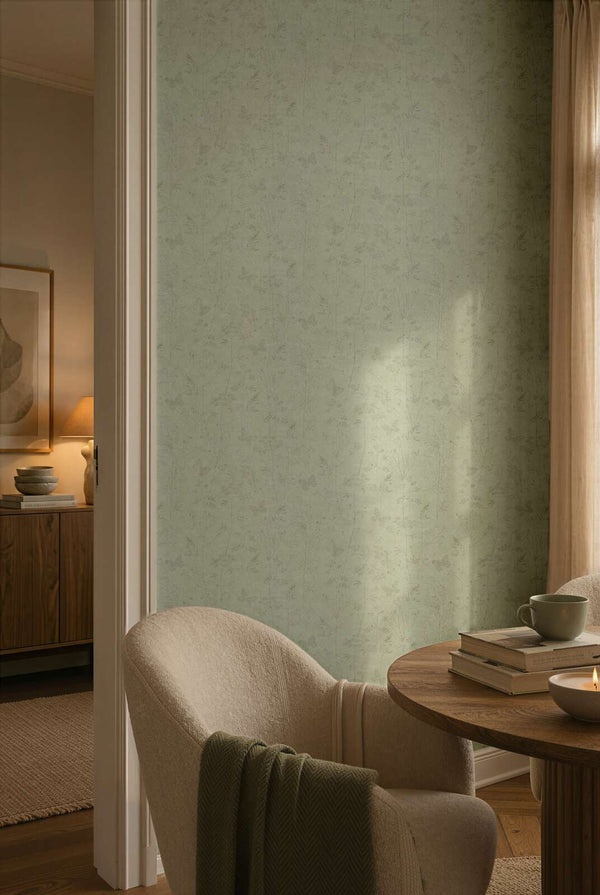 AS Creation Cosiness 792833 beige and Brown wallpaper with a subtle botanical pattern in a living room, shown beside a round wooden table and an upholstered chair.