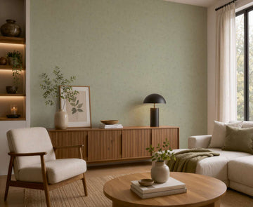 AS Creation Cosiness 792833 living room with beige and brown wallpaper on the feature wall, shown behind a wooden sideboard and a light colored sofa.