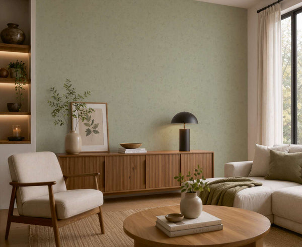 AS Creation Cosiness 792833 living room with beige and brown wallpaper on the feature wall, shown behind a wooden sideboard and a light colored sofa.