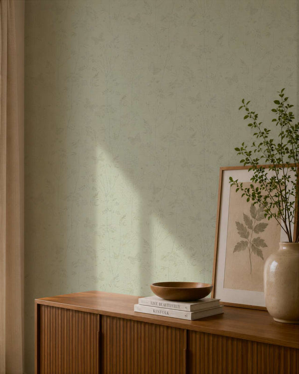 AS Creation Cosiness 792833 beige and Brown botanical wallpaper with subtle butterflies, styled with a wooden sideboard, a framed leaf print, and a vase with branches.