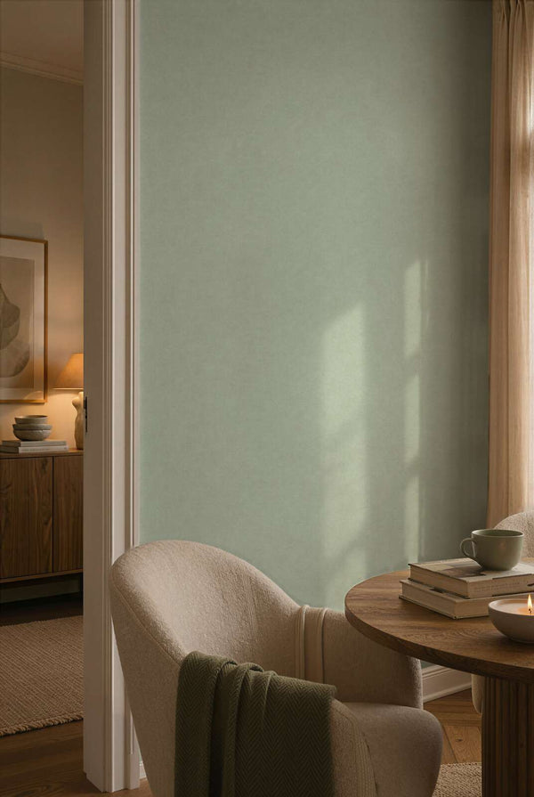 AS Creation Cosiness 792842 dining room with Green wallpaper on a sunlit wall, shown with a round wooden table and an upholstered chair.