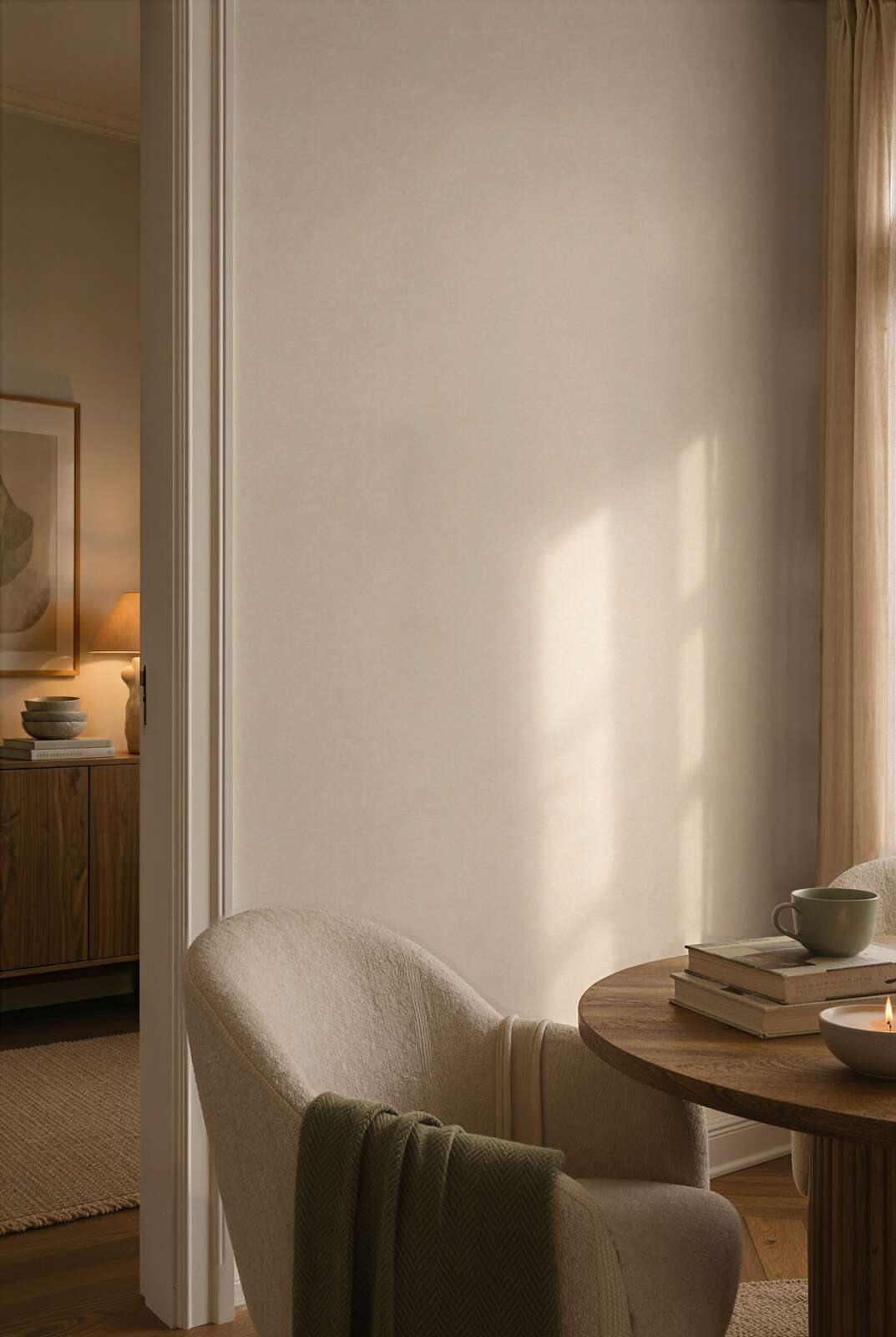 AS Creation Cosiness 792843 dining room with Beige, Brown, Cream wallpaper, a round wooden table and an upholstered chair.