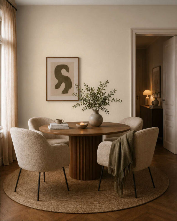 AS Creation Cosiness 792843 dining room with Beige, Brown, Cream wallpaper, a round wooden table, and upholstered chairs.
