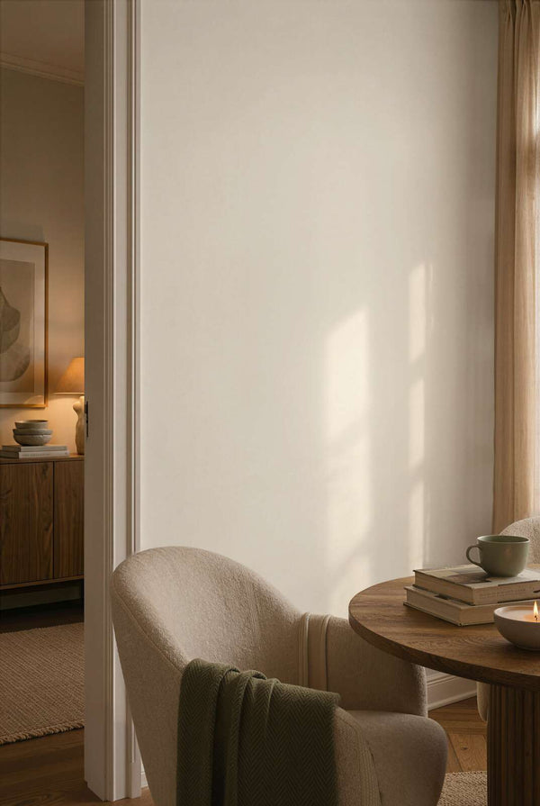 AS Creation Cosiness 792844 dining room with cream wallpaper, a round wooden table and an upholstered chair.
