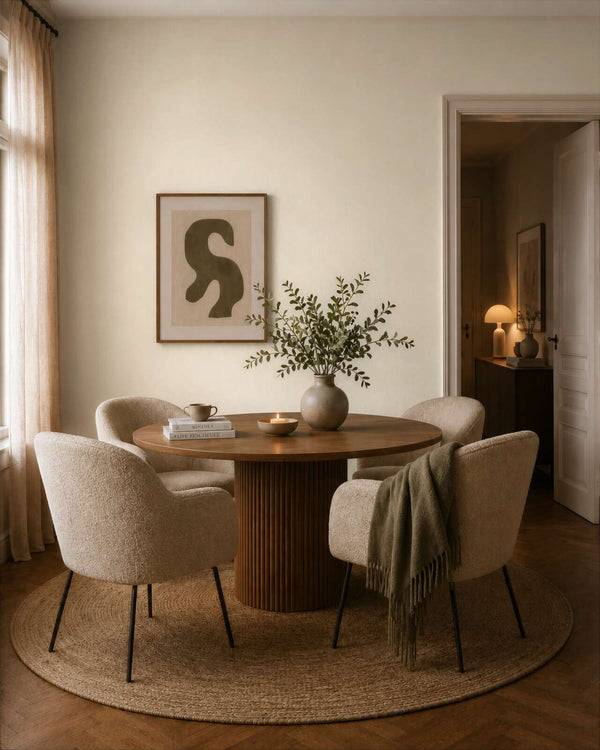 AS Creation Cosiness 792844 dining room with Cream wallpaper behind a round dining table and upholstered chairs.