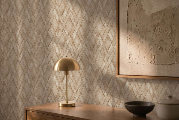AS Creation Cosiness 793131 beige, Brown, and Cream wallpaper with a woven look diamond pattern behind a wooden console with a brass dome table lamp, a framed artwork, and two small ceramic pieces.