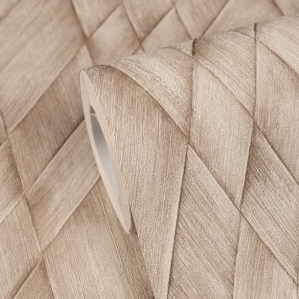 AS Creation Cosiness 793131 close up of a wallpaper roll on the same pattern, showing a textured diagonal woven geometric design in Beige, Brown, and Cream.