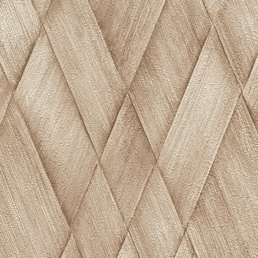 AS Creation Cosiness 793131 close up of Beige, Brown, and Cream wallpaper with overlapping diagonal bands forming a diamond lattice and a textured look.