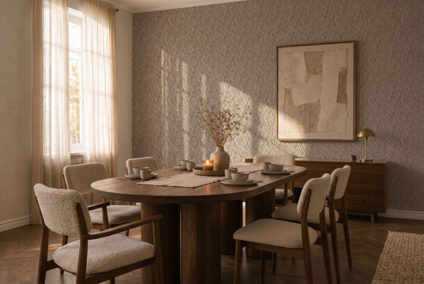 AS Creation Cosiness 793131 dining room with Beige, Brown, Cream patterned wallpaper on the feature wall, shown with a wooden dining table and upholstered chairs.