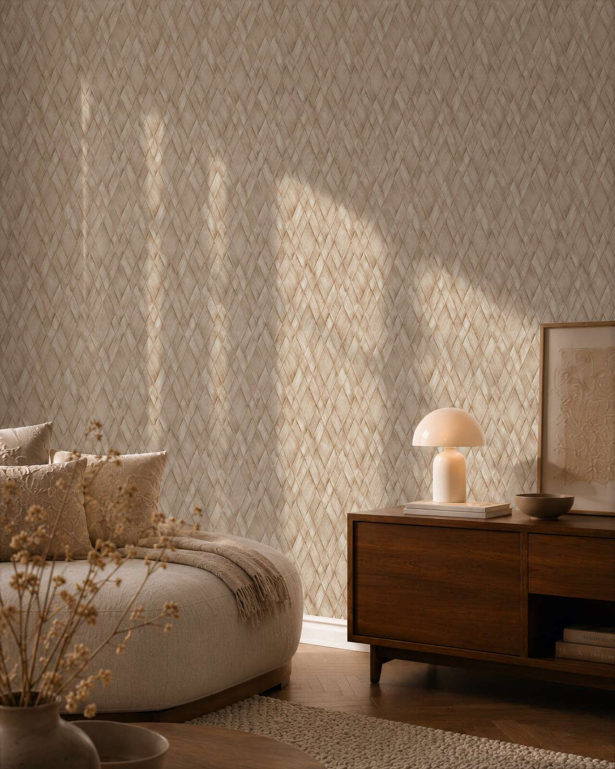 AS Creation Cosiness 793131 living room with Beige, Brown, Cream diamond pattern wallpaper beside a wooden sideboard and a sofa.