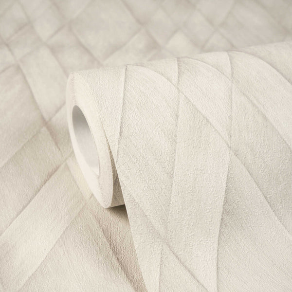AS Creation Cosiness 793132 close up of a wallpaper roll resting on matching material, showing a geometric overlapping band pattern in Grey, White.