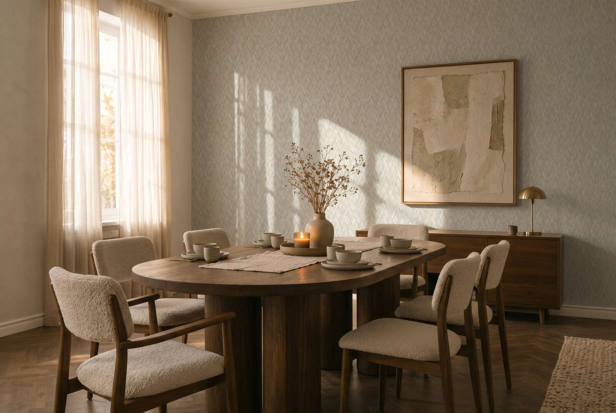 AS Creation Cosiness 793132 dining room with grey and white wallpaper, a wooden dining table and upholstered chairs.