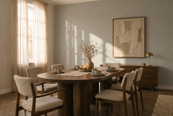 AS Creation Cosiness 793132 dining room with grey and white wallpaper, a wooden dining table and upholstered chairs.