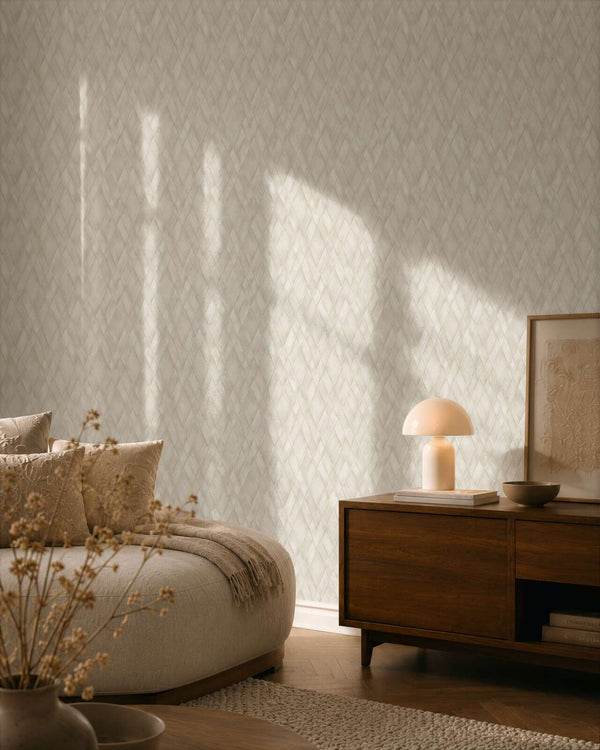 AS Creation Cosiness 793132 living room with Grey, White geometric wallpaper behind a sofa and a wooden sideboard.
