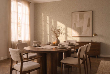 AS Creation Cosiness 793133 dining room with Beige and Cream wallpaper featuring a subtle chevron pattern, shown with a wooden dining table and upholstered chairs.