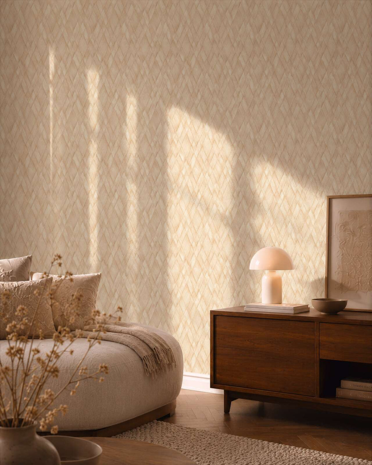 AS Creation Cosiness 793133 beige and Cream geometric diamond wallpaper in a living room with a curved upholstered sofa and a wooden sideboard.