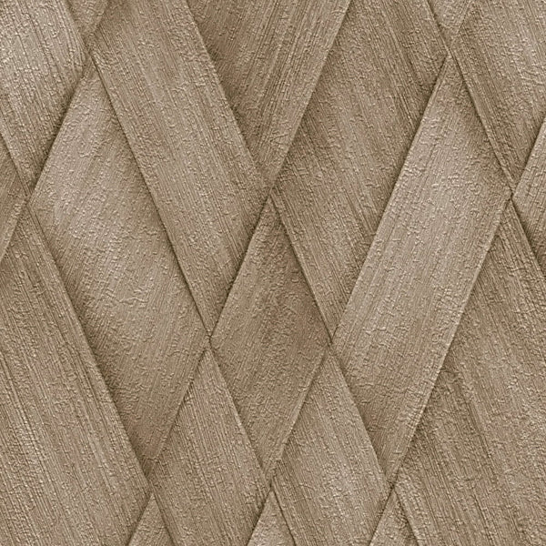 AS Creation Cosiness 793134 brown wallpaper showing a close up of overlapping diagonal strips that create a diamond lattice with a textured look.