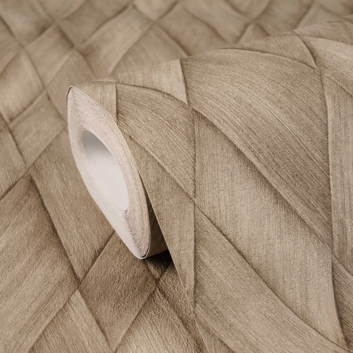 AS Creation Cosiness 793134 brown geometric wallpaper roll on a matching patterned surface, showing a dimensional diamond motif with a textured look.