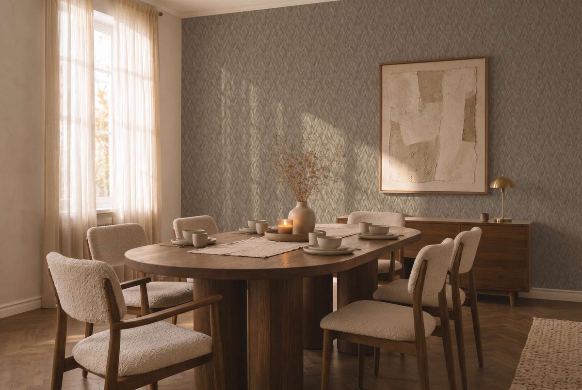 AS Creation Cosiness 793134 brown herringbone pattern wallpaper in a dining room with a wooden table and upholstered chairs.