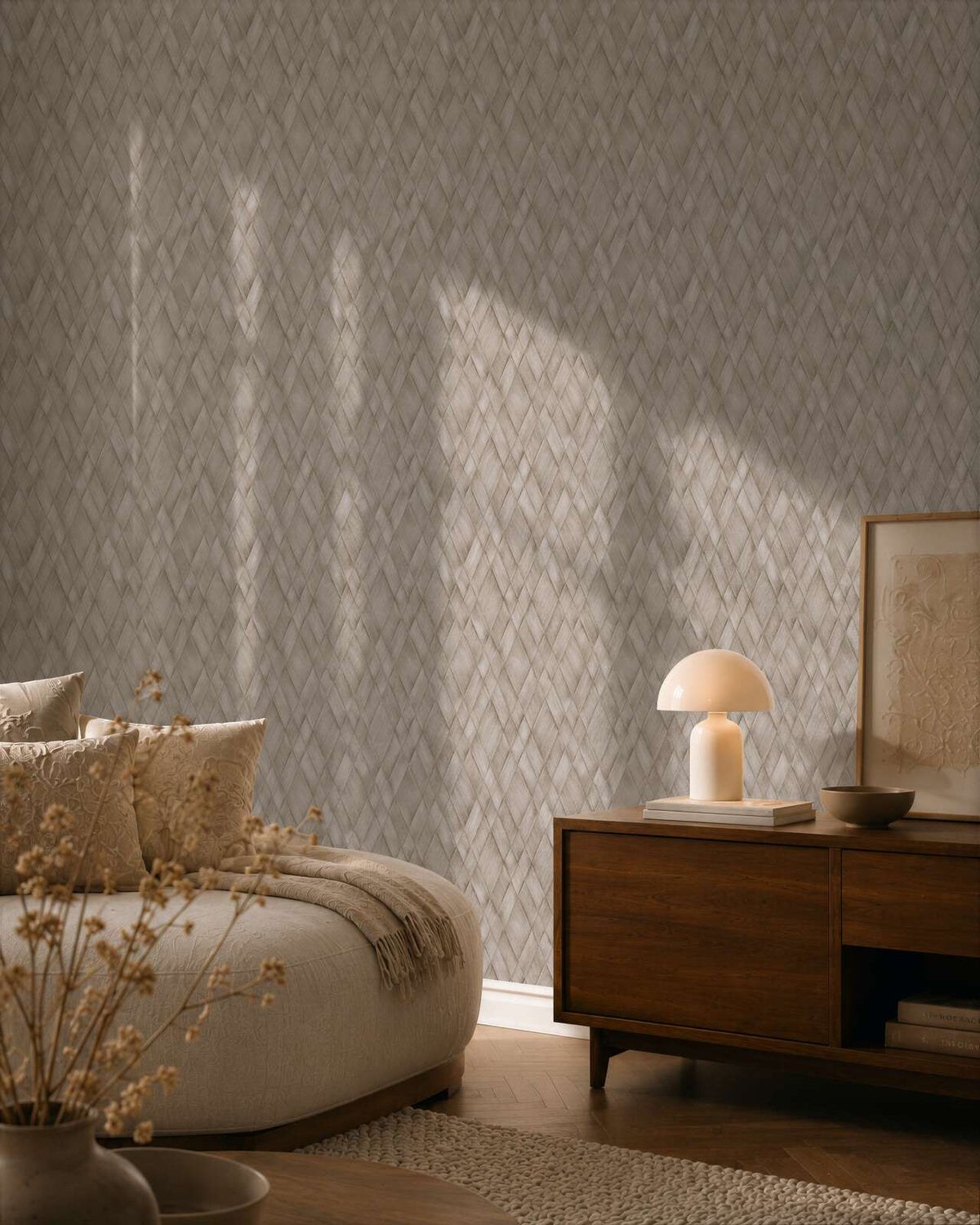 AS Creation Cosiness 793135 bedroom with Brown and Grey geometric wallpaper, showing a bed and a wooden sideboard.