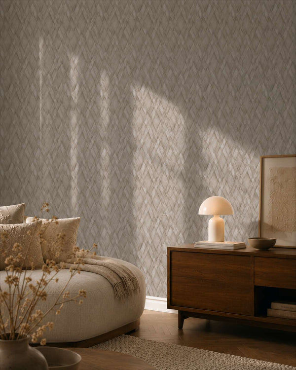 AS Creation Cosiness 793135 bedroom with Brown and Grey geometric wallpaper, showing a bed and a wooden sideboard.