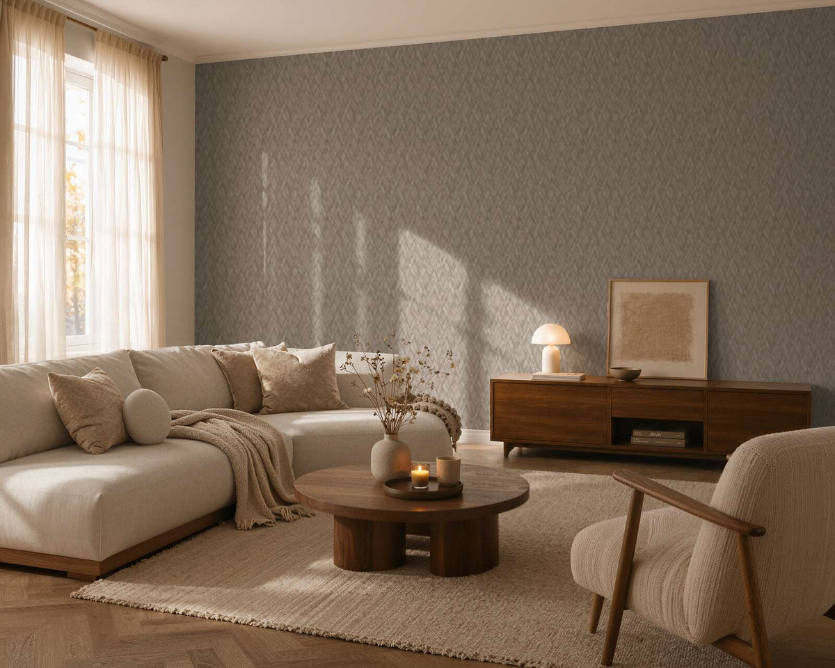 AS Creation Cosiness 793135 living room with Brown, Grey patterned wallpaper behind a sectional sofa and a wooden sideboard.