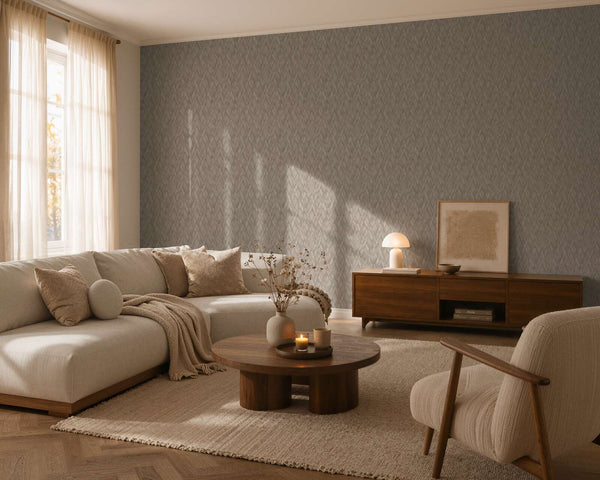 AS Creation Cosiness 793135 living room with Brown, Grey patterned wallpaper behind a sectional sofa and a wooden sideboard.