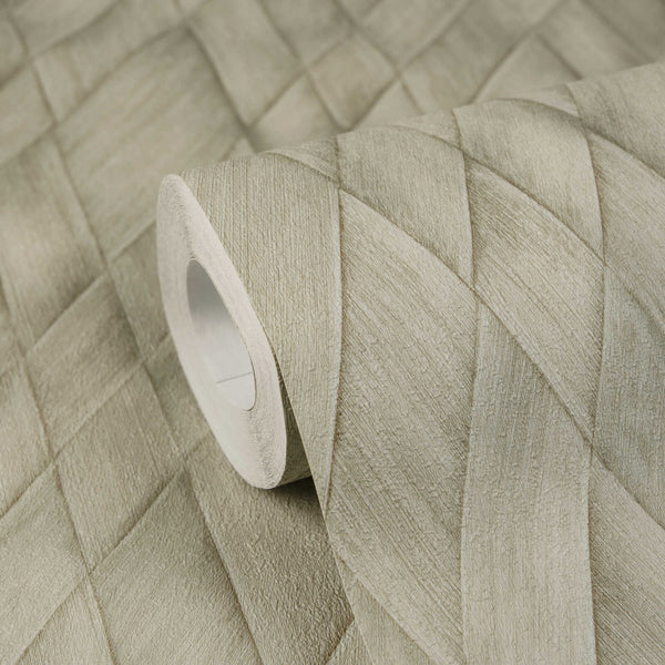AS Creation Cosiness 793136 green wallpaper roll resting on an unrolled sheet that shows a subtly textured geometric diamond pattern.
