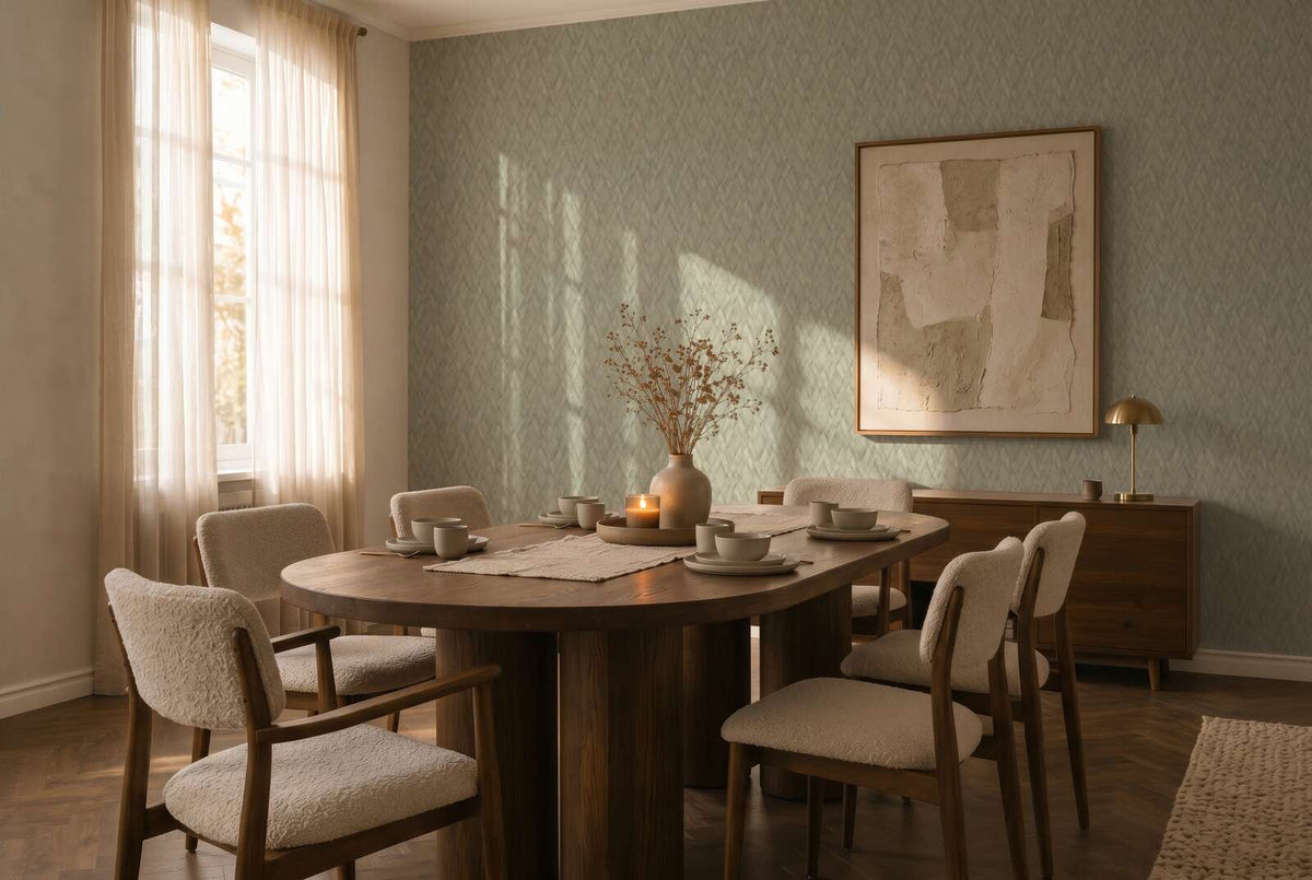 AS Creation Cosiness 793136 dining room with Green wallpaper featuring a subtle chevron pattern, shown with a wooden dining table and upholstered chairs.