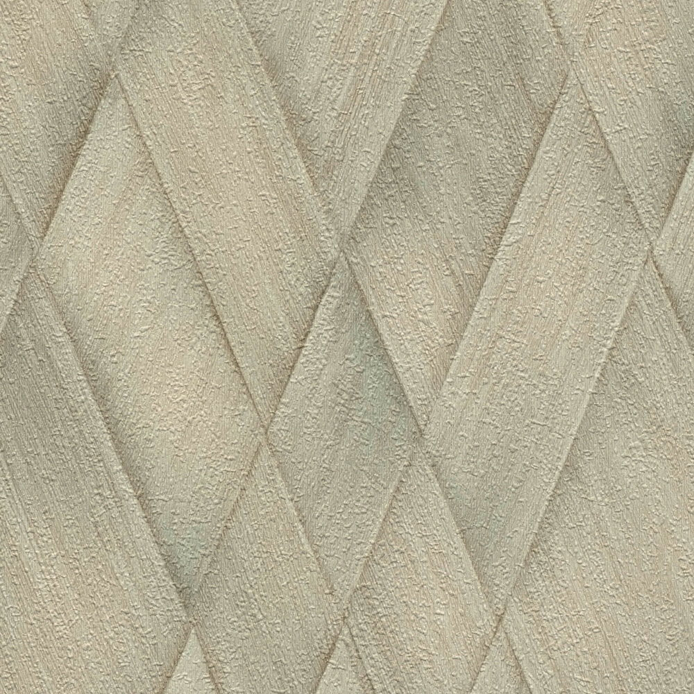 AS Creation Cosiness 793136 green geometric wallpaper with a textured, overlapping diamond pattern shown in close up.
