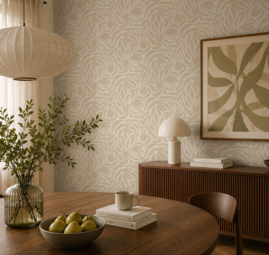 AS Creation Cosiness 793141 beige leafy botanical wallpaper, matte slightly structured finish