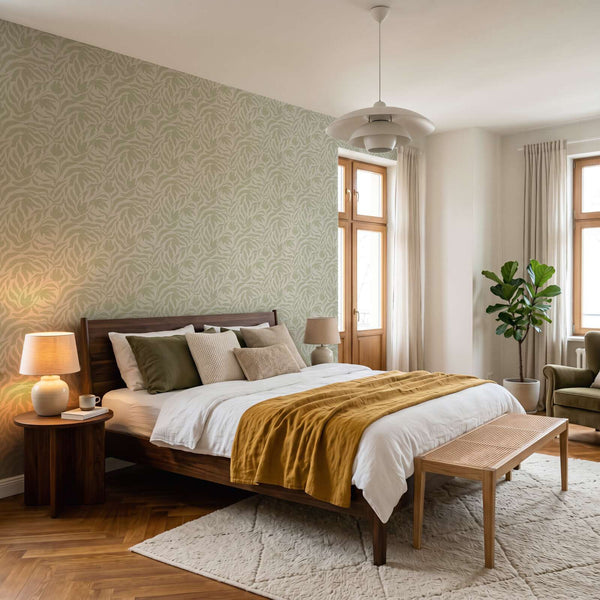 AS Creation Cosiness 793142 green leafy botanical pattern wallpaper on a bedroom feature wall.