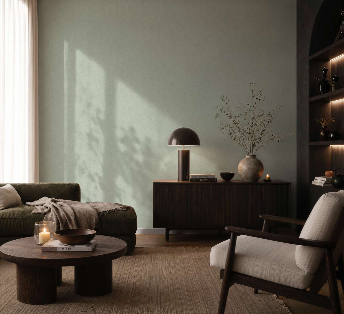 AS Creation Cosiness 793156 close up of Green wallpaper showing a subtle textured look with gentle tonal variation.