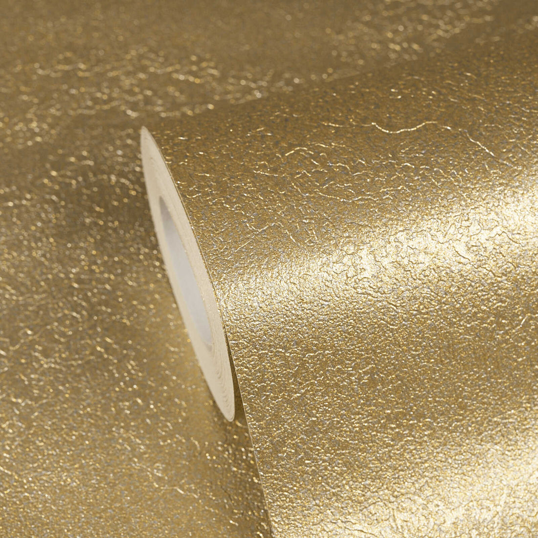 AS Creation Cosiness 793161 close up of a Metallic, Yellow textured wallpaper roll with an irregular surface.