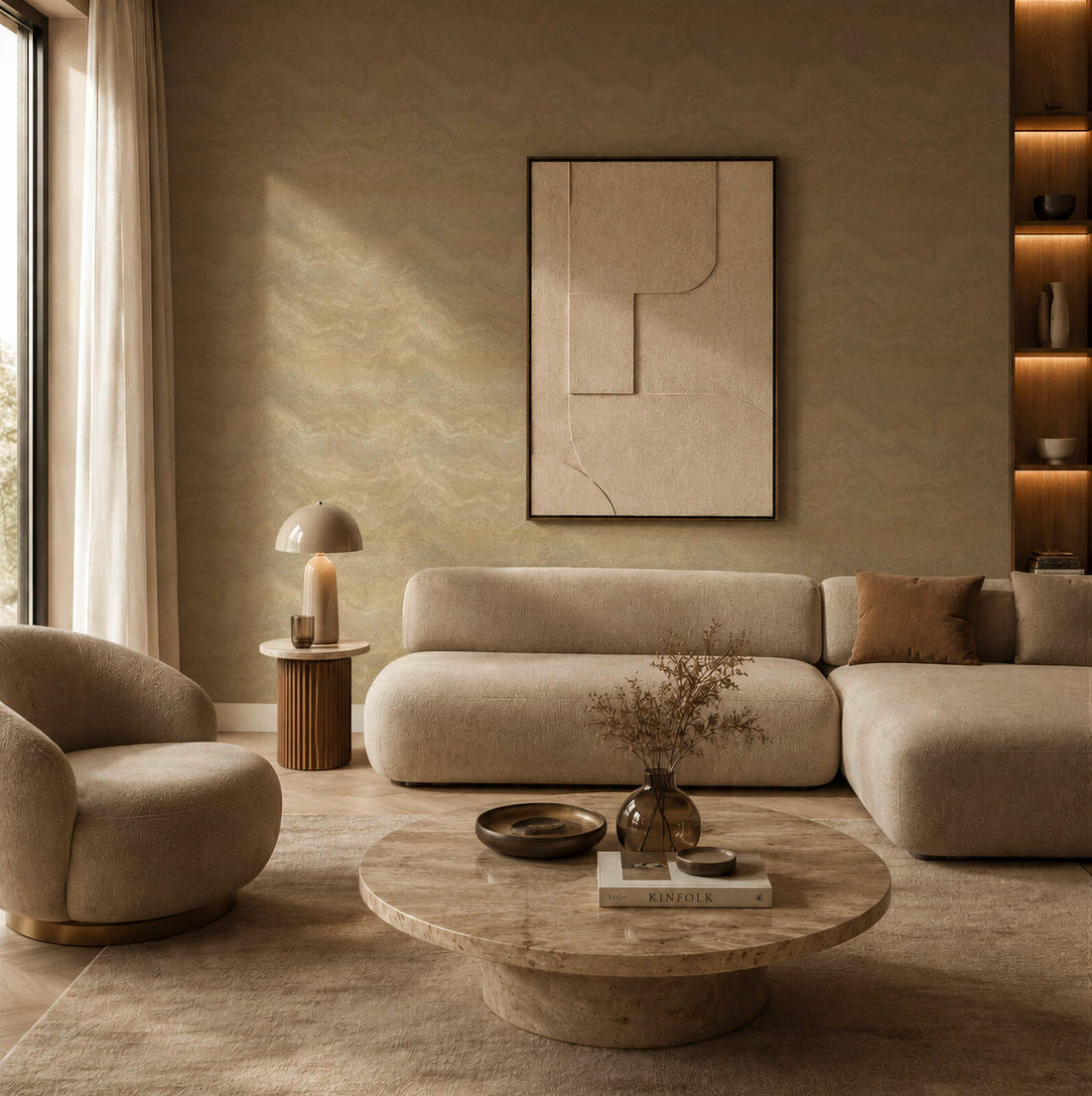 AS Creation Cosiness 793161 close up of a Metallic, Yellow textured wallpaper roll with an irregular surface.
