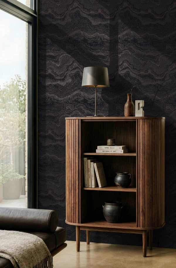AS Creation Cosiness 793163 living room with Black, Metallic wallpaper behind a wooden cabinet and a sofa.
