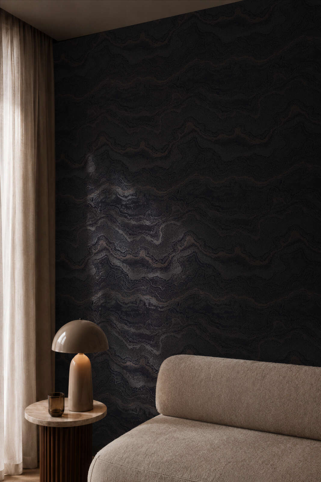 AS Creation Cosiness 793163 living room with Black, Metallic wavy pattern wallpaper, a sofa and a round side table.