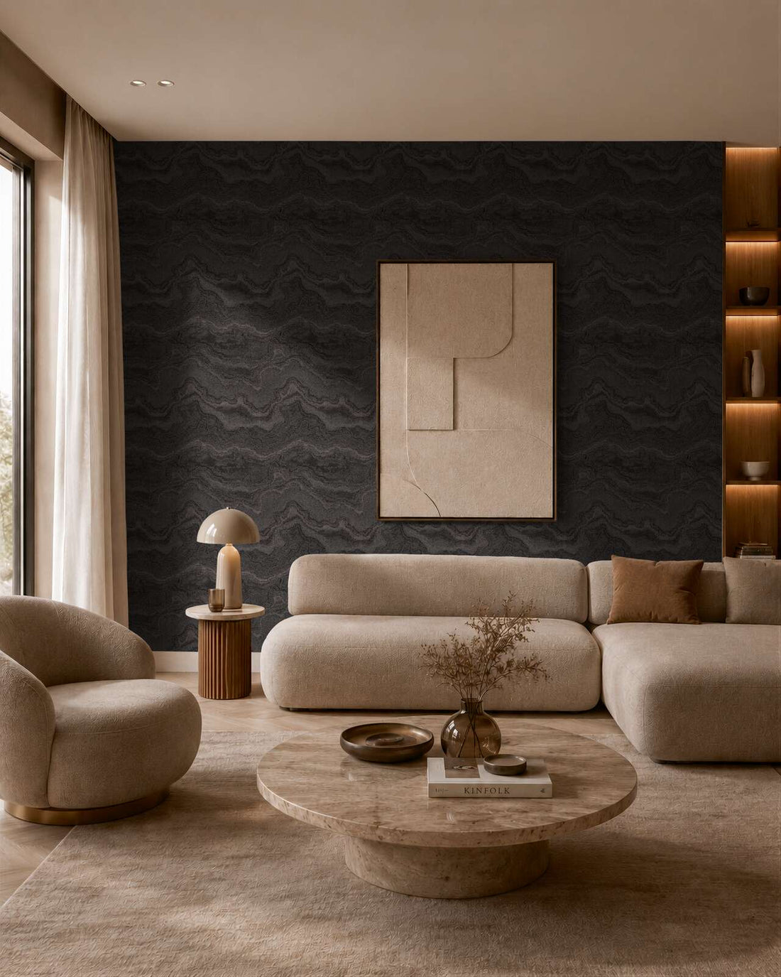 AS Creation Cosiness 793163 close up of Black, Metallic wallpaper with a raised, organic texture and subtle sheen.