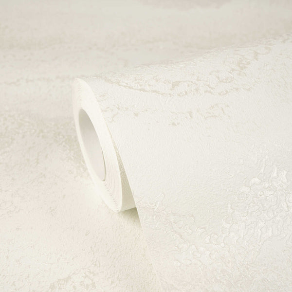 AS Creation Cosiness 793164 close up of a wallpaper roll resting on matching unrolled paper in Metallic, White.