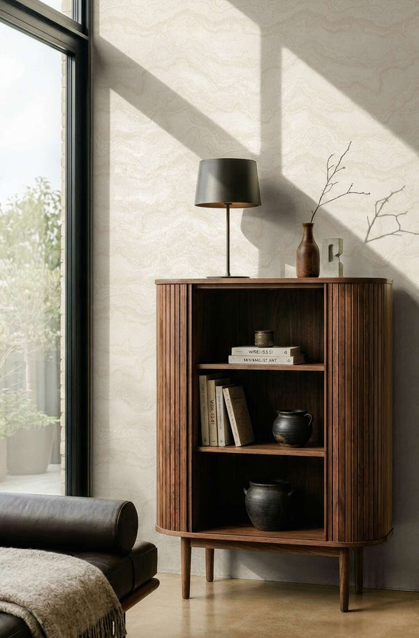 AS Creation Cosiness 793164 living room with Metallic, White wallpaper behind a wood cabinet and a sofa.
