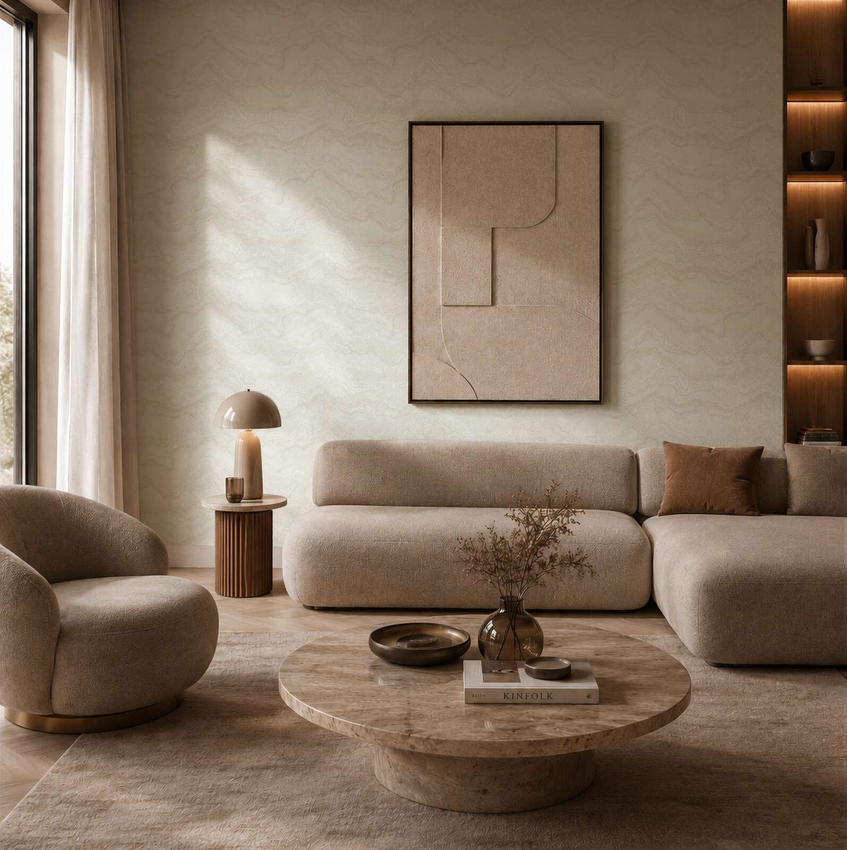 AS Creation Cosiness 793164 living room with Metallic, White wallpaper featuring a subtle wavy pattern, shown behind a sofa and a round coffee table.