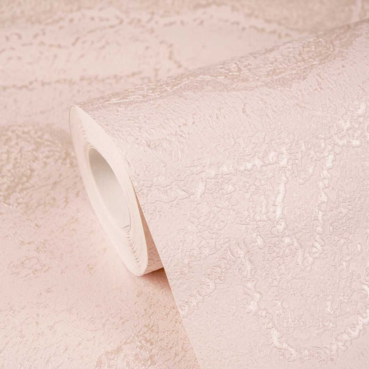 AS Creation Cosiness 793165 close up of a wallpaper roll showing a textured, irregular pattern with metallic highlights in the Metallic, Pink colorway.