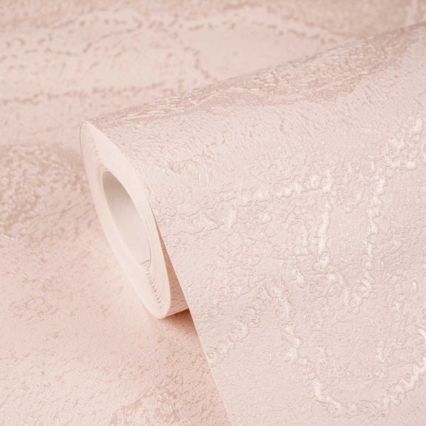 AS Creation Cosiness 793165 close up of a wallpaper roll showing a textured, irregular pattern with metallic highlights in the Metallic, Pink colorway.